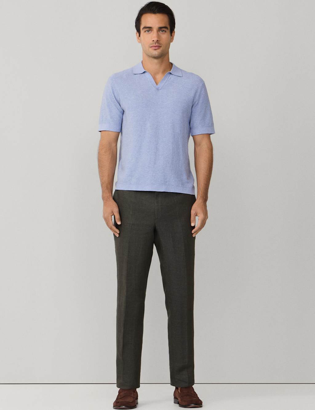 Hackett Pure Cotton Open Neck Knitted Polo Shirt Light Blue