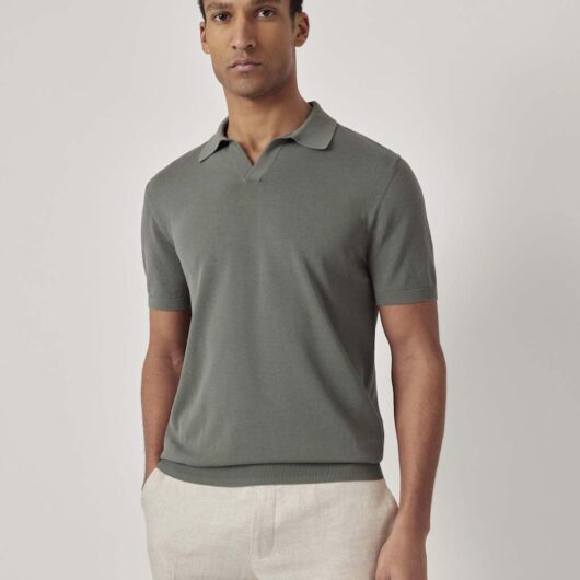 Hawes & Curtis Pure Cotton Open Collar Knitted Polo Shirt Green