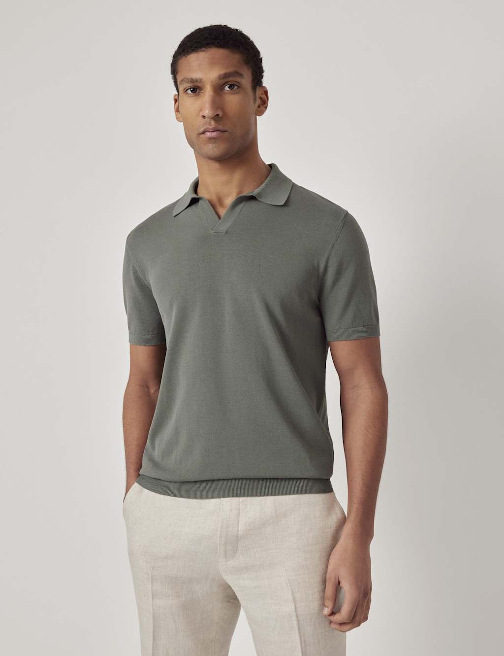 Hawes & Curtis Pure Cotton Open Collar Knitted Polo Shirt Green
