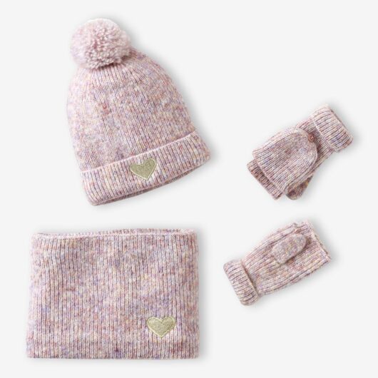 Heart Beanie + Snood + Gloves/Mittens Set for Girls rosy