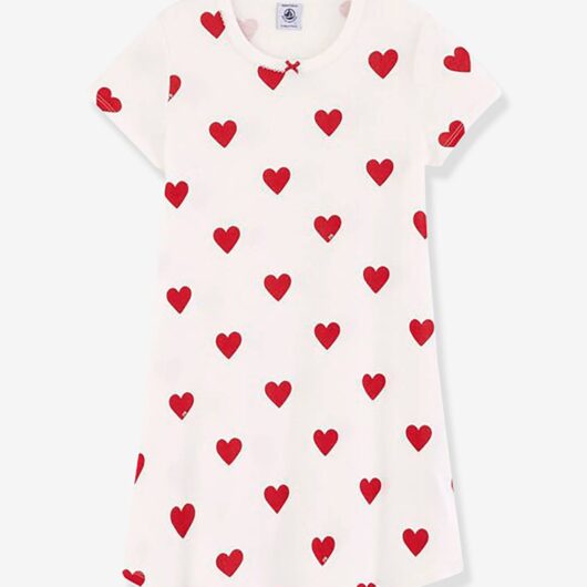 Hearts Nightie in Organic Cotton for Girls, by Petit Bateau white light all over printed