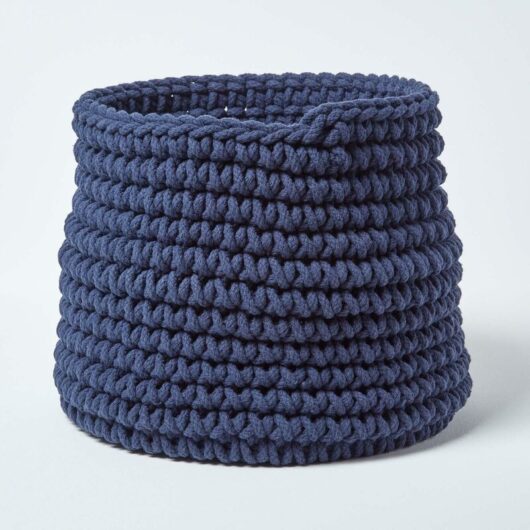 Homescapes - Navy Blue Cotton Knitted Round Storage Basket, 42 x 37 cm