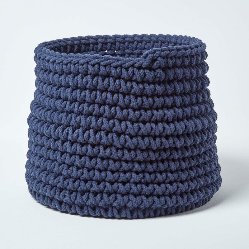 Homescapes - Navy Blue Cotton Knitted Round Storage Basket, 42 x 37 cm