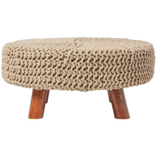Homescapes - Stool - Knitted Top - w/ Wooden Legs - Linen - 62 cm - Round (SF1667E)