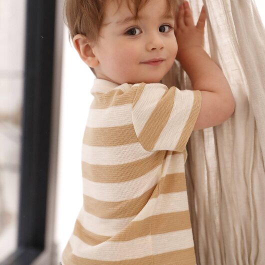 Honeycomb Knit Striped T-Shirt for Babies cappuccino