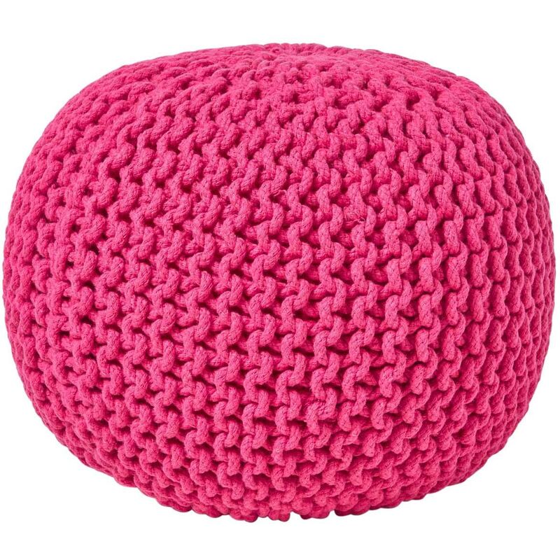 Hot Pink Round Cotton Knitted Pouffe Footstool - Homescapes