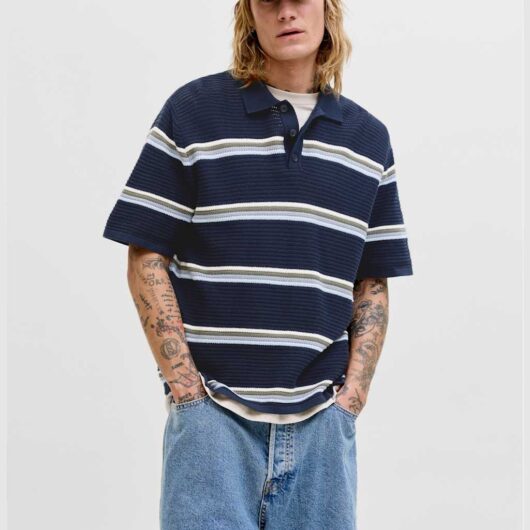 JACK & JONES Pure Cotton Striped Knitted Polo Shirt Navy