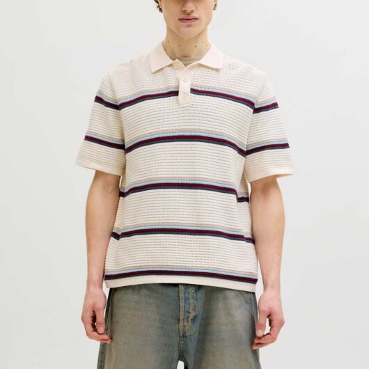 JACK & JONES Pure Cotton Striped Knitted Polo Shirt White Mix