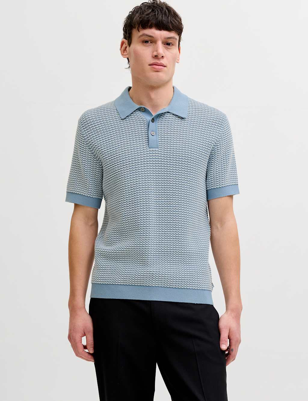 JACK & JONES Pure Cotton Textured Knitted Polo Shirt Light Blue
