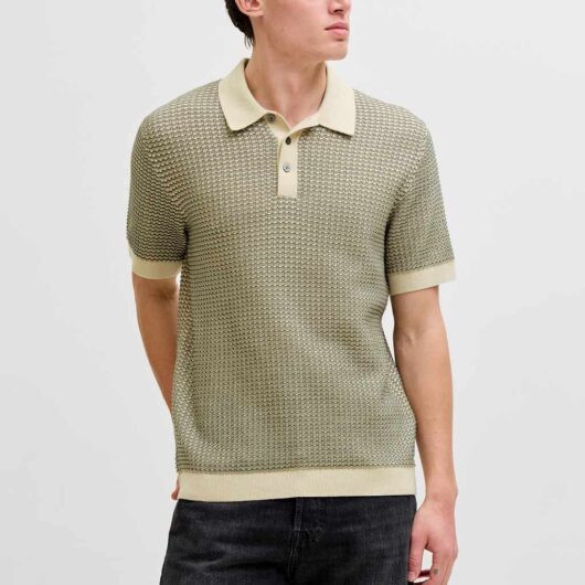 JACK & JONES Pure Cotton Textured Knitted Polo Shirt Olive