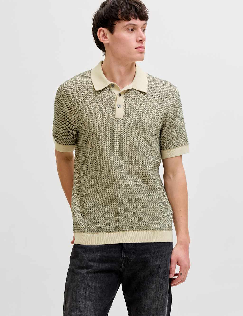 JACK & JONES Pure Cotton Textured Knitted Polo Shirt Olive
