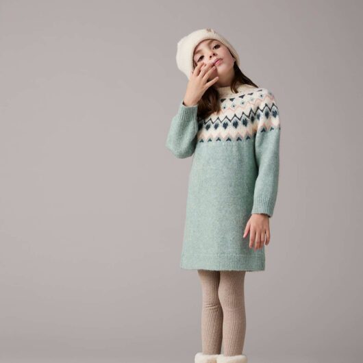 Jacquard Knit Dress for Girls grey green