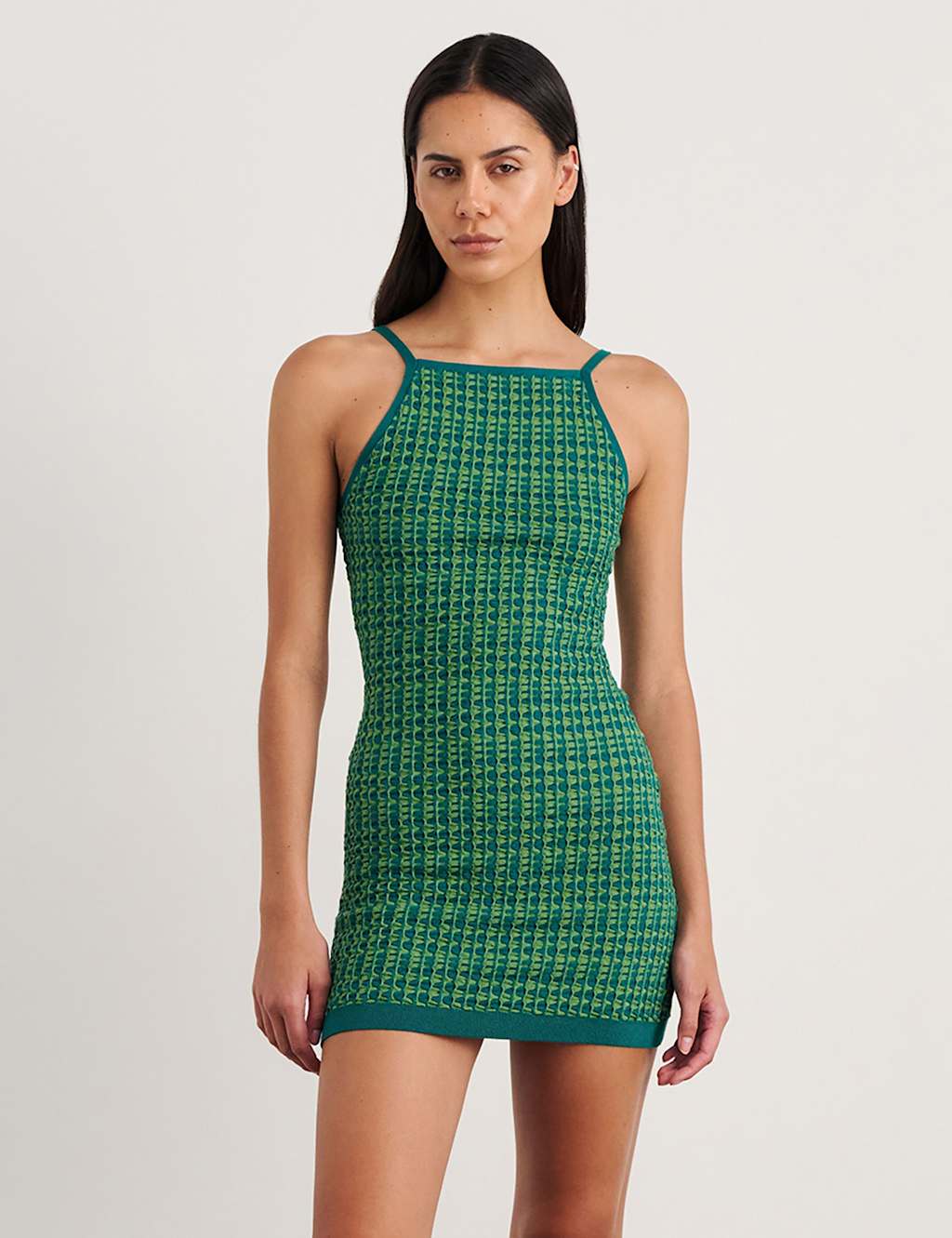 Jag Pure Cotton Knitted Square Neck Mini Dress Green