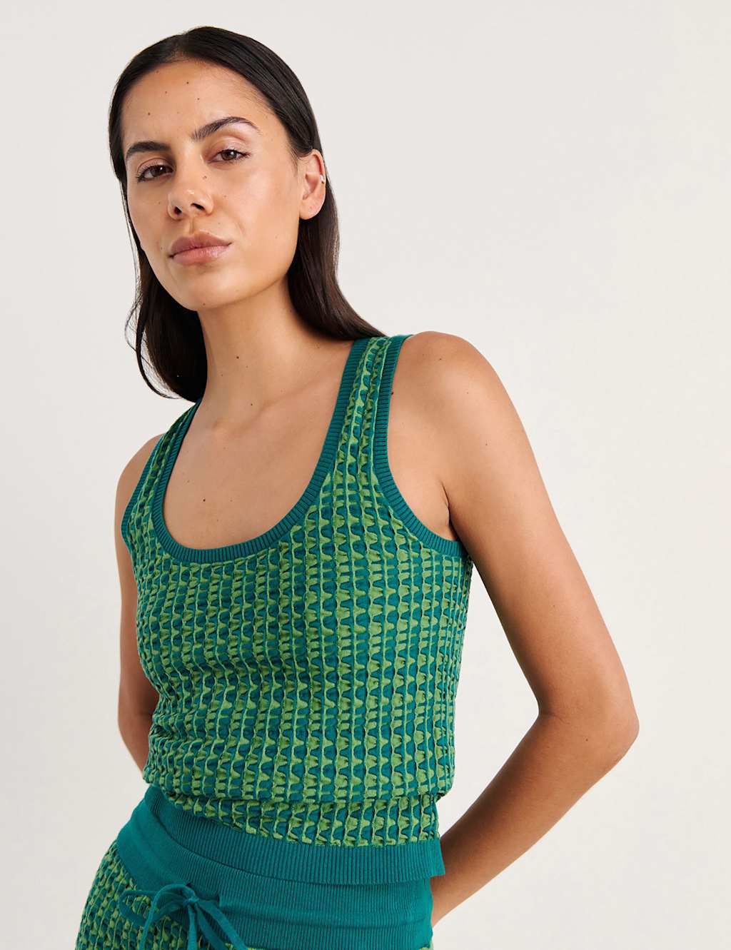 Jag Pure Cotton Textured Scoop Neck Knitted Vest Green