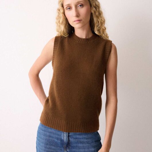 Jigsaw Pure Cashmere Crew Neck Knitted Vest Brown