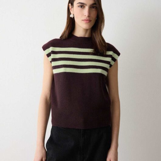 Jigsaw Wool Rich Striped Knitted Vest Purple Mix