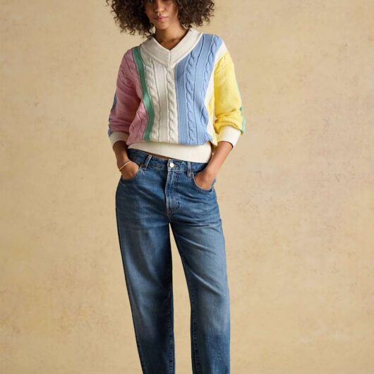 Joules Pure Cotton Striped Cable Knit V-Neck Jumper Multi