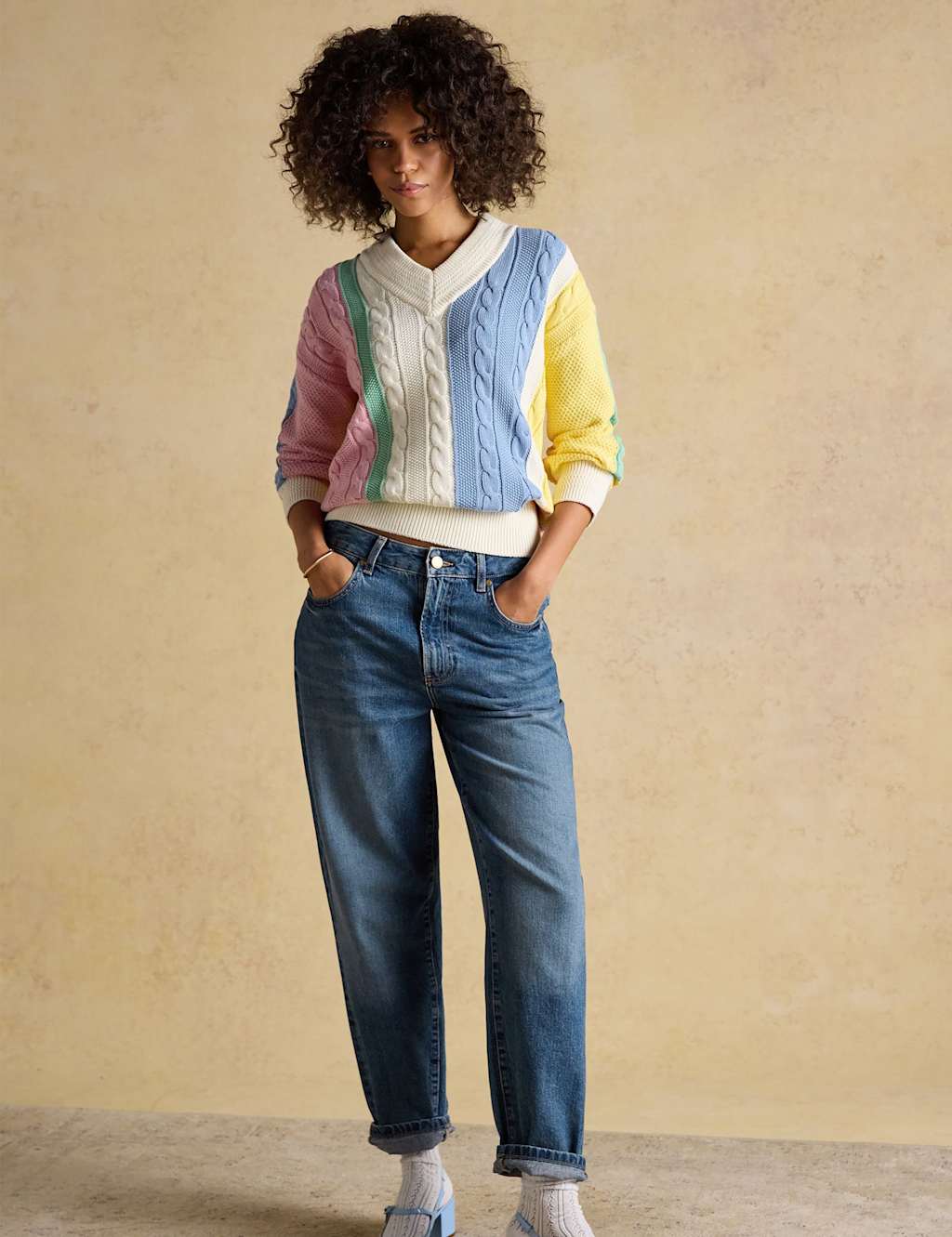 Joules Pure Cotton Striped Cable Knit V-Neck Jumper Multi