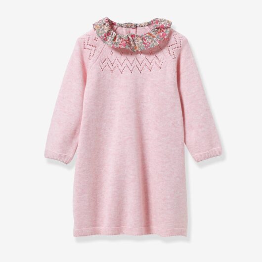 Knitted robe with Liberty® fabric collar for babies CYRILLUS marl pink