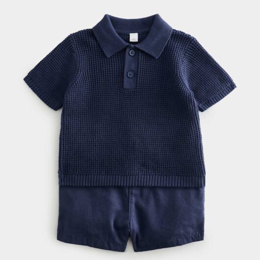 M&S 2 Piece Knitted Polo Shirt and Chino Shorts (0-5 Yrs) Navy