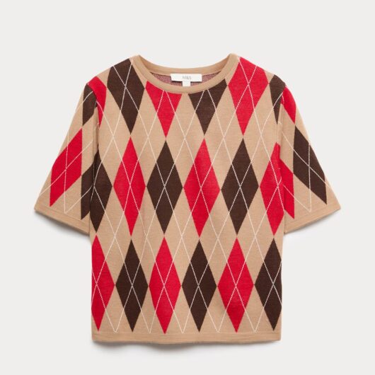 M&S Argyle Crew Neck Slim Fit Knitted Top Red Mix