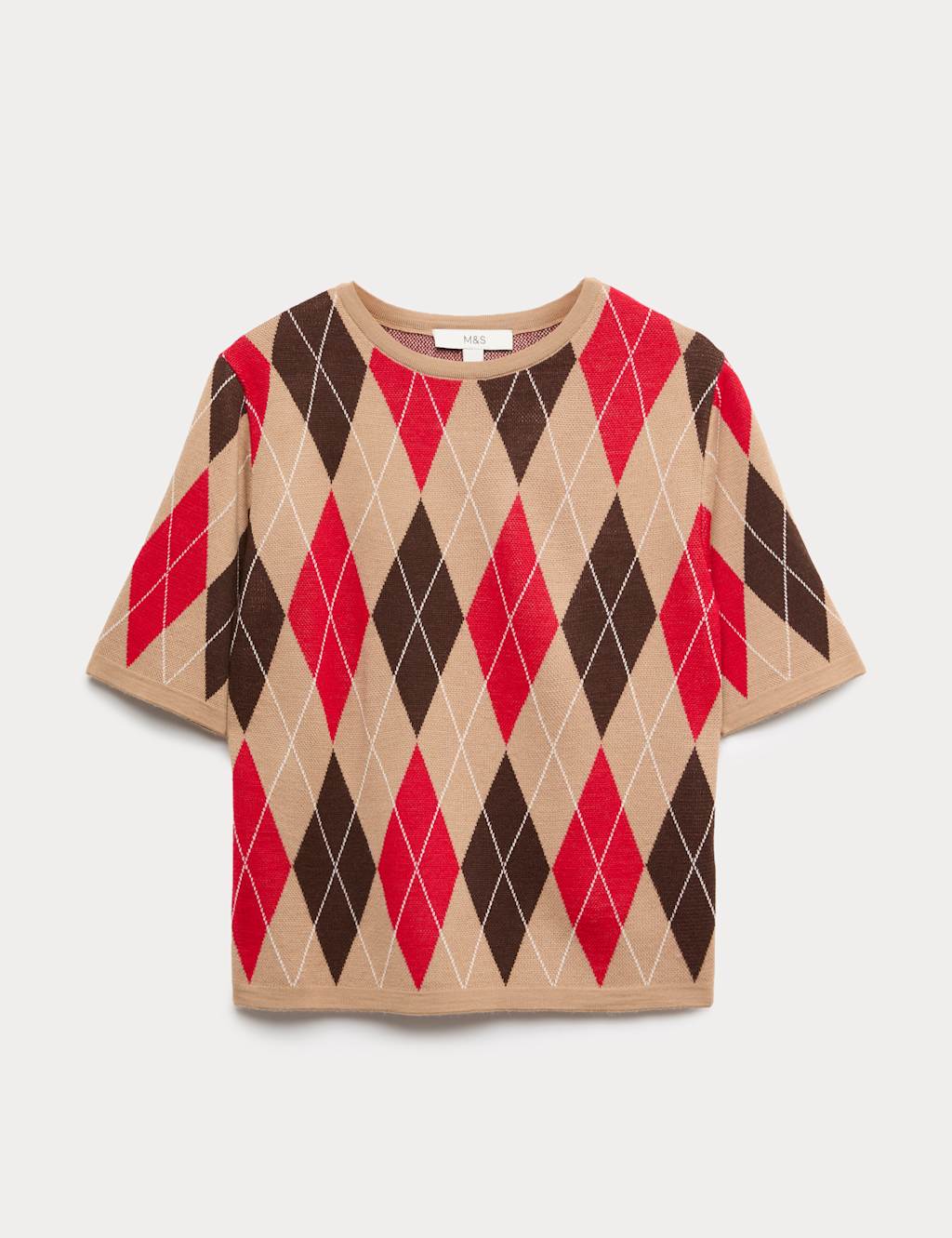 M&S Argyle Crew Neck Slim Fit Knitted Top Red Mix