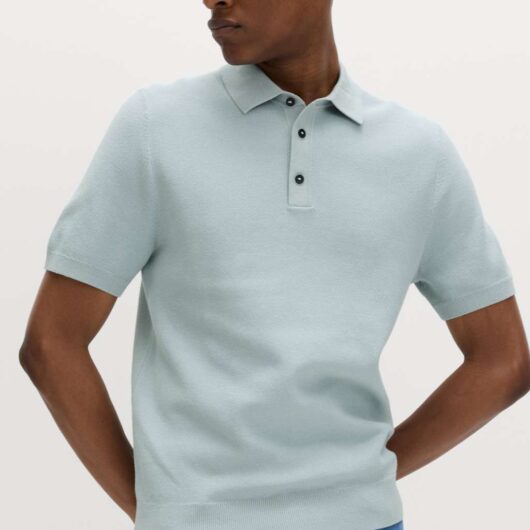 M&S Cotton Rich Textured Knitted Polo Shirt Soft Blue