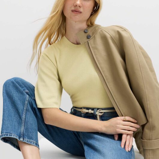 M&S Crew Neck Waisted Slim Fit Knitted Top Camomile