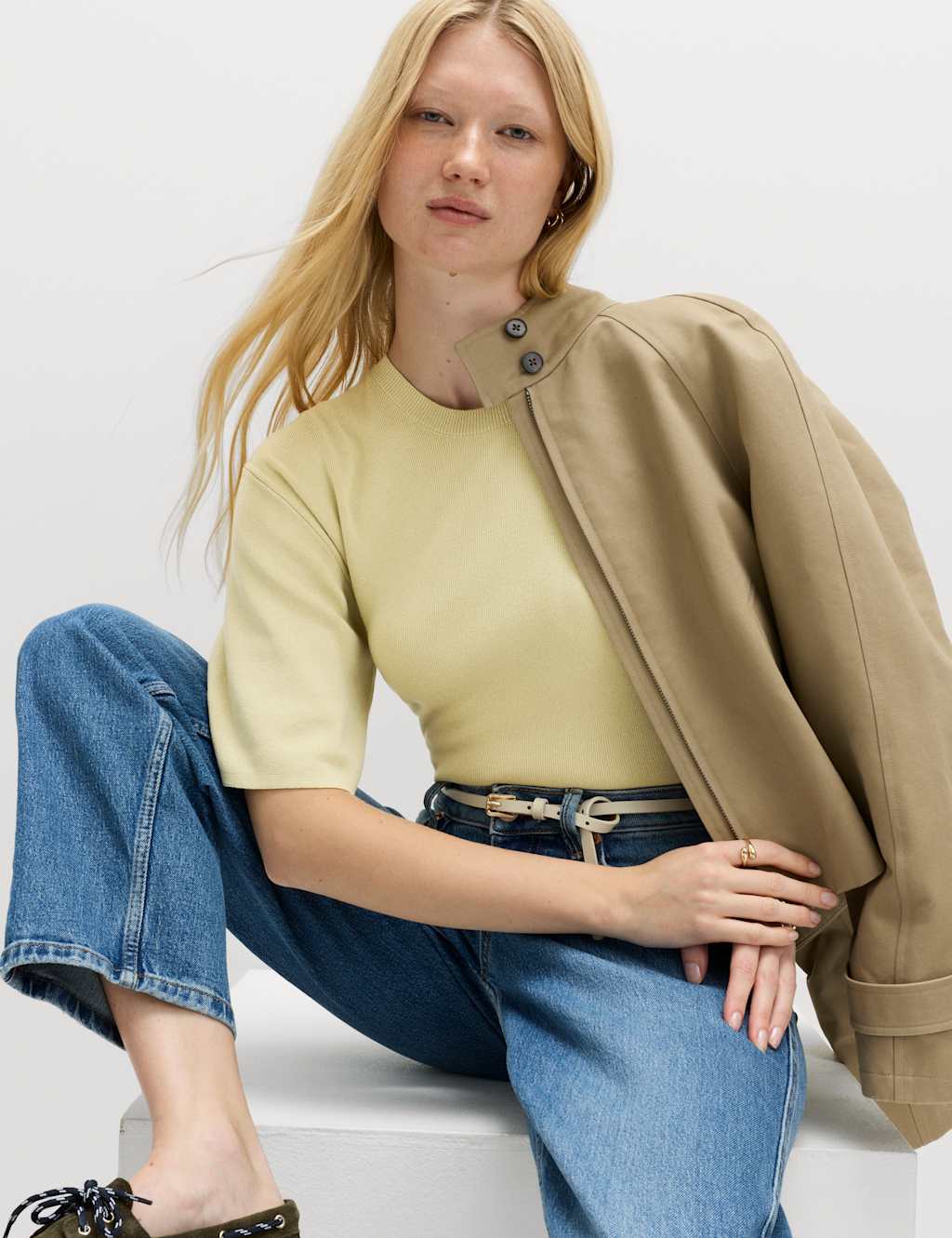 M&S Crew Neck Waisted Slim Fit Knitted Top Camomile