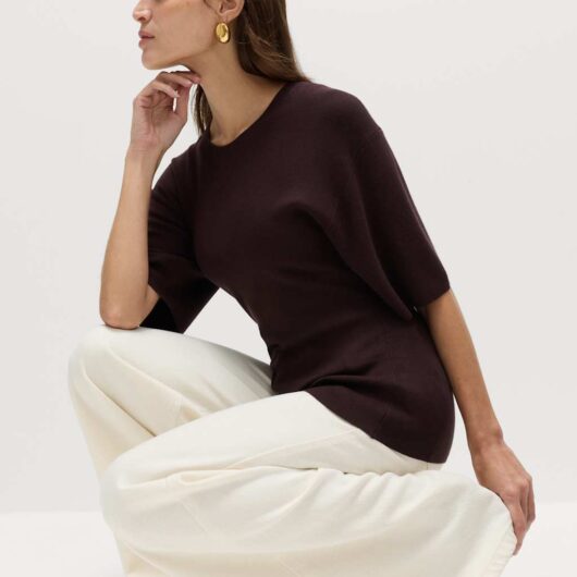 M&S Crew Neck Waisted Slim Fit Knitted Top Raisin