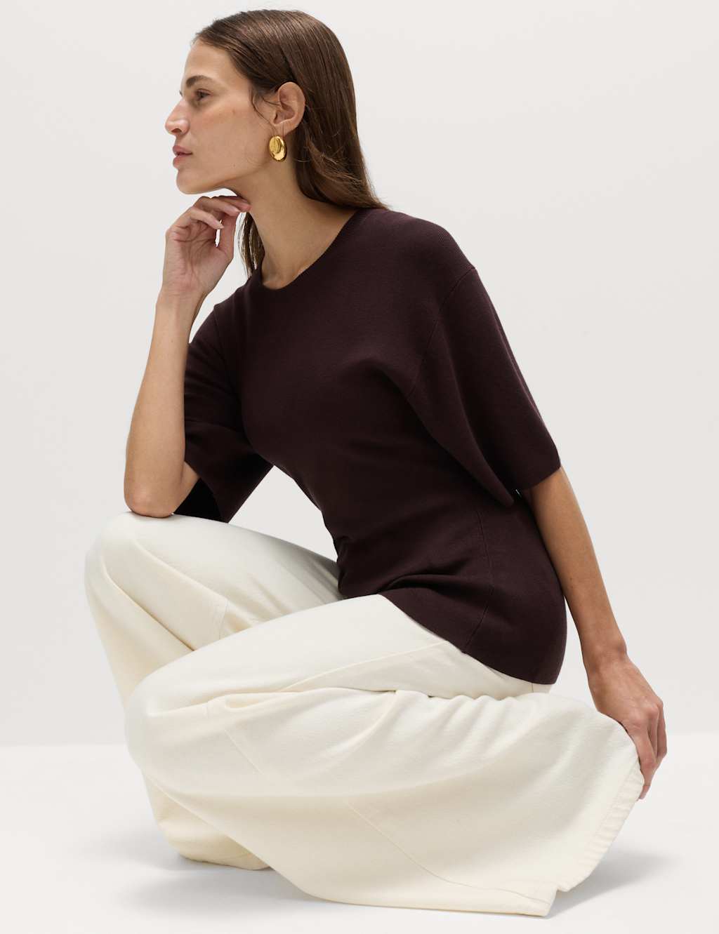 M&S Crew Neck Waisted Slim Fit Knitted Top Raisin
