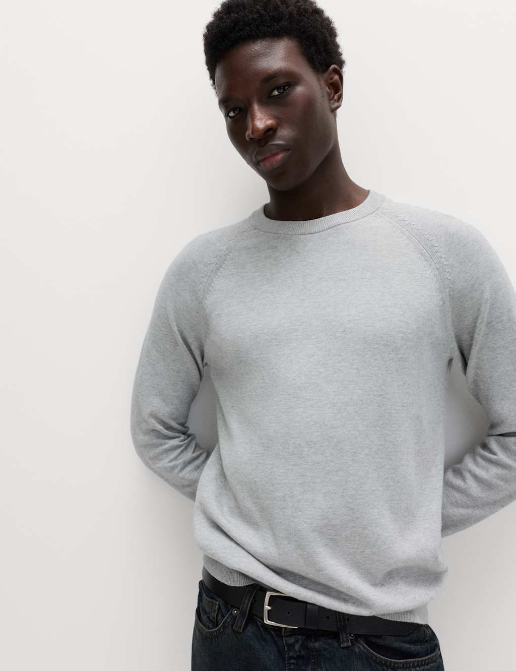 M&S Pure Cotton Crew Neck Jumper Mid Grey