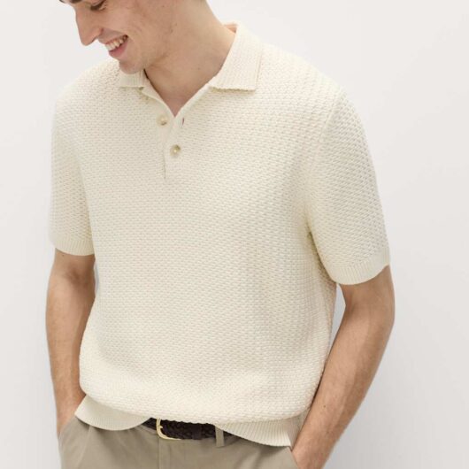 M&S Pure Cotton Textured Knitted Polo Shirt Ecru