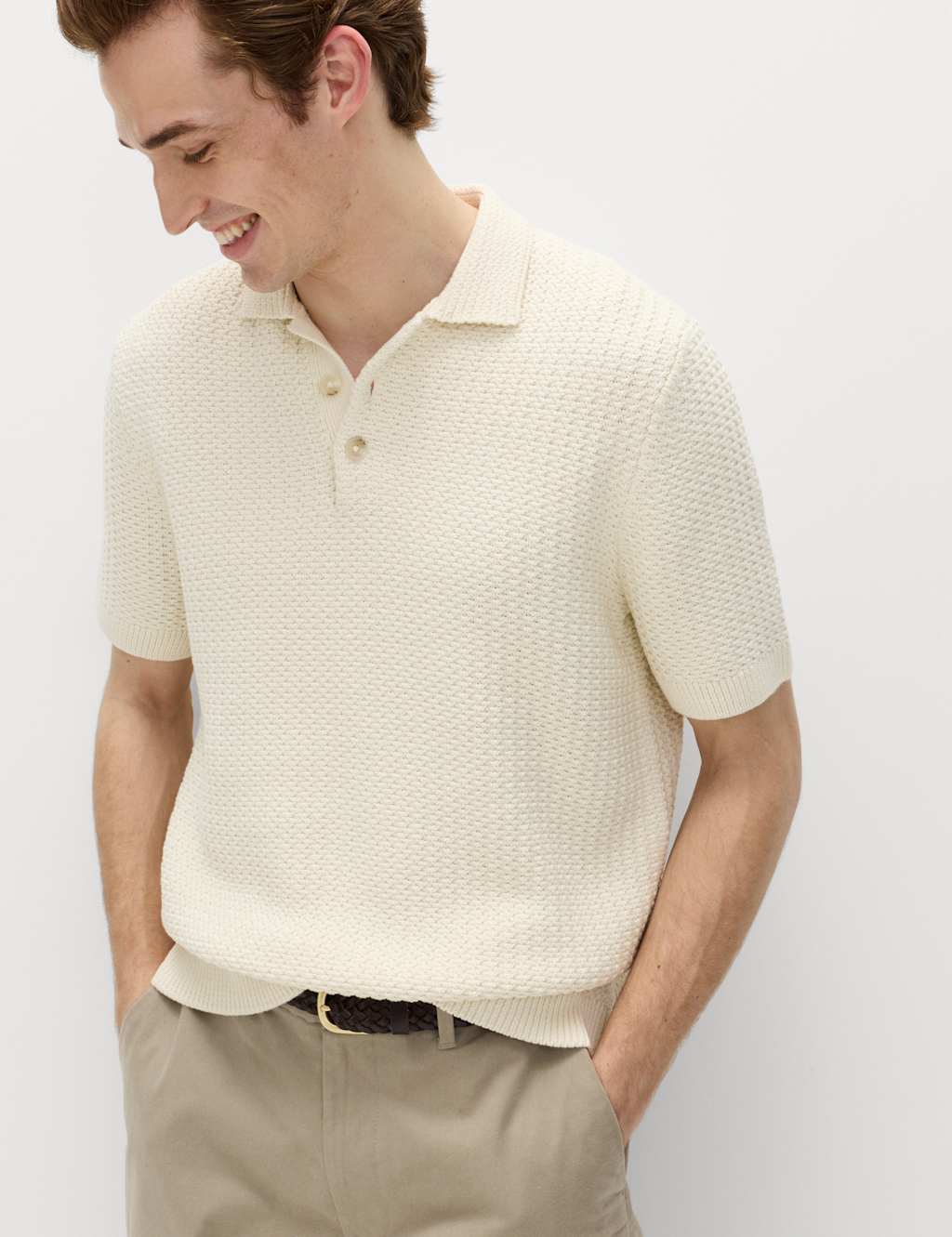 M&S Pure Cotton Textured Knitted Polo Shirt Ecru