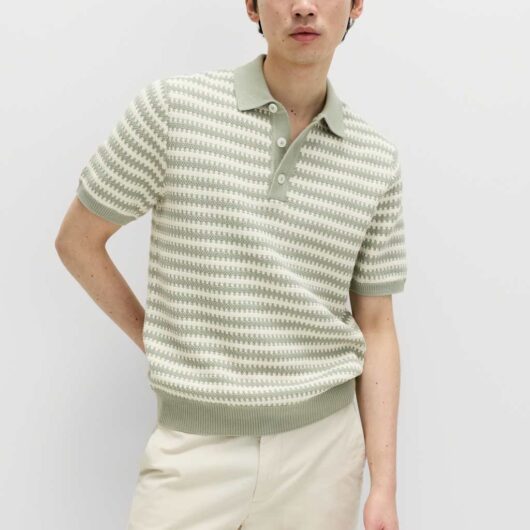 M&S Pure Cotton Textured Striped Knitted Polo Shirt Pistachio
