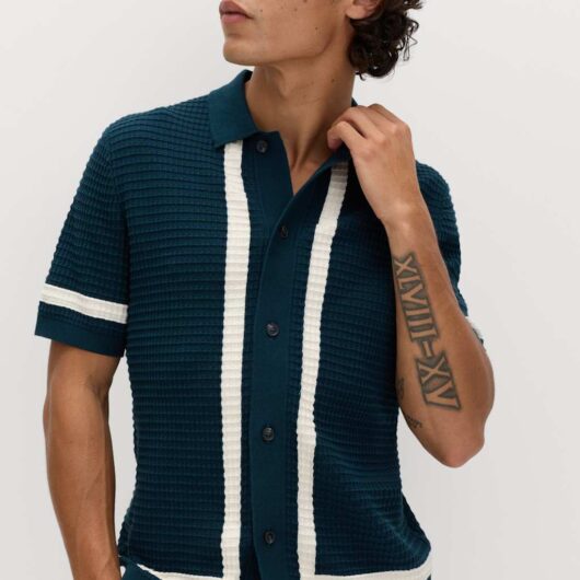 M&S Pure Cotton Tipped Knitted Polo Shirt Dark Kingfisher