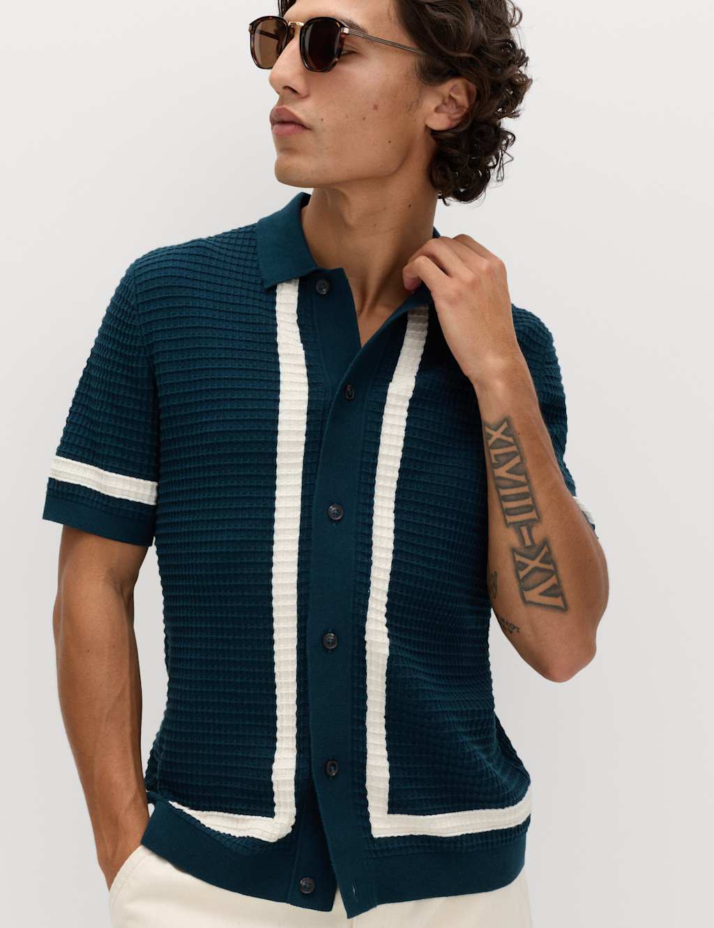M&S Pure Cotton Tipped Knitted Polo Shirt Dark Kingfisher