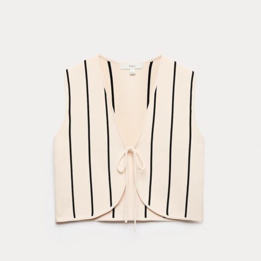 M&S Tie Front Striped Cropped Knitted Waistcoat Vanilla