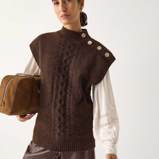 Monsoon Cable Knit Button Detail Knitted Vest Ivory Mix