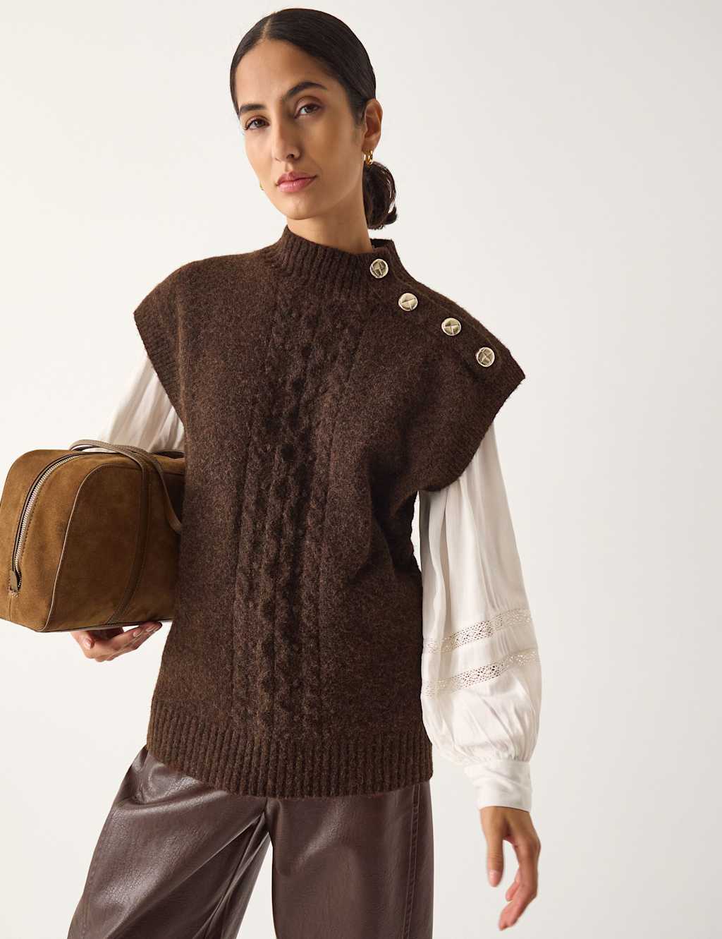 Monsoon Cable Knit Button Detail Knitted Vest Ivory Mix