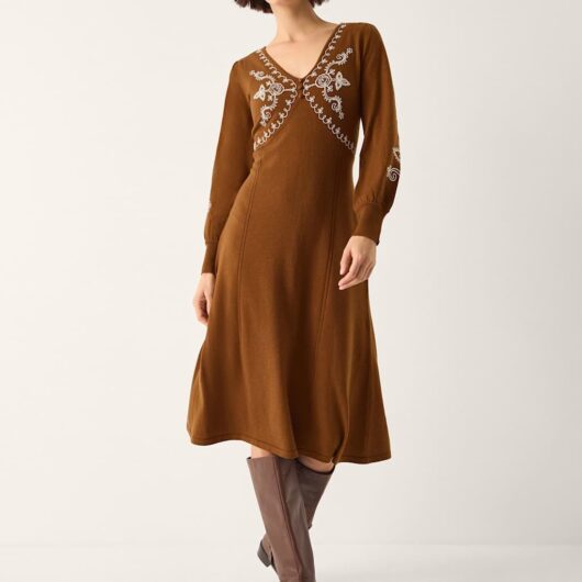 Monsoon Embroidered V-Neck Knitted Midi Skater Dress Beige