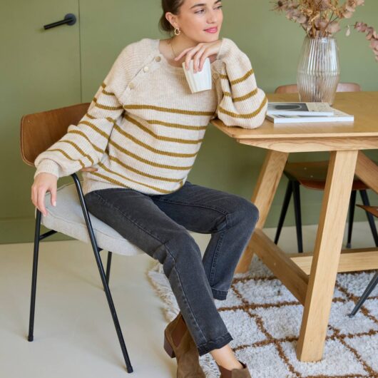 Nautical Style Jumper with Shoulder Openings for Maternity & Nursing marl beige