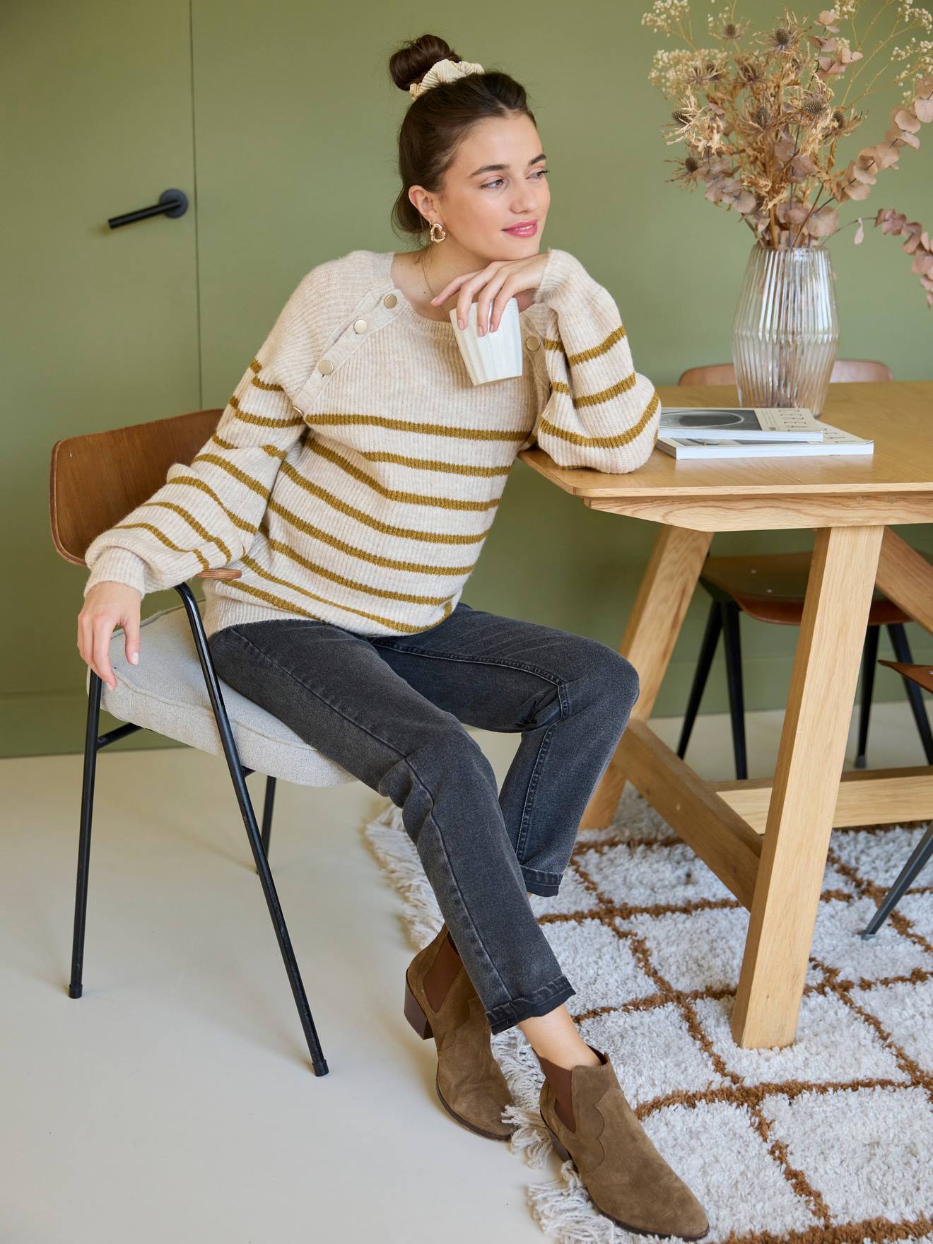 Nautical Style Jumper with Shoulder Openings for Maternity & Nursing marl beige