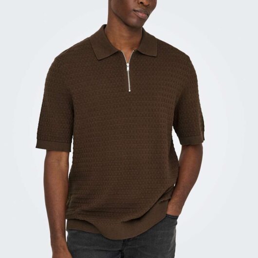 ONLY & SONS Pure Cotton Textured Knitted Polo Shirt Brown