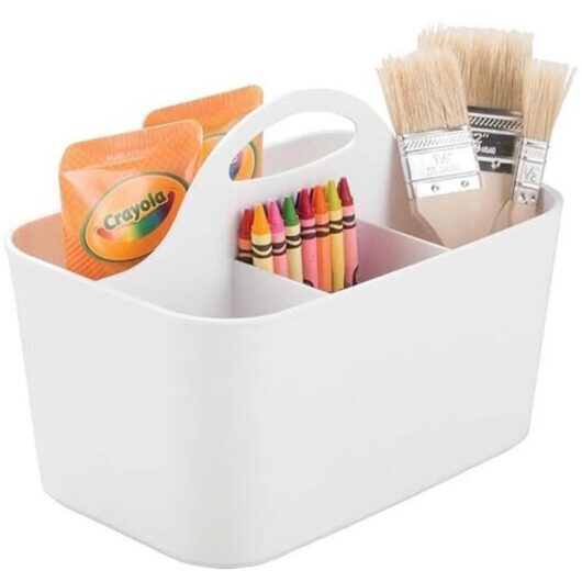 Odipie - ideal storage box for office supplies - plastic pen holder with 4 compartments - white office storage, transportable thanks to handles