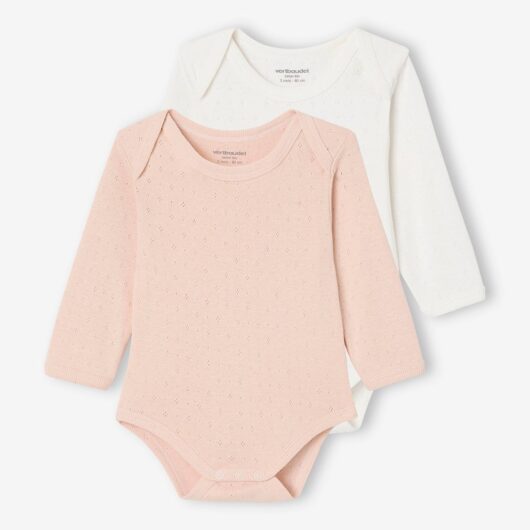 Pack of 2 long-sleeved baby bodysuits in pointelle knit pale pink