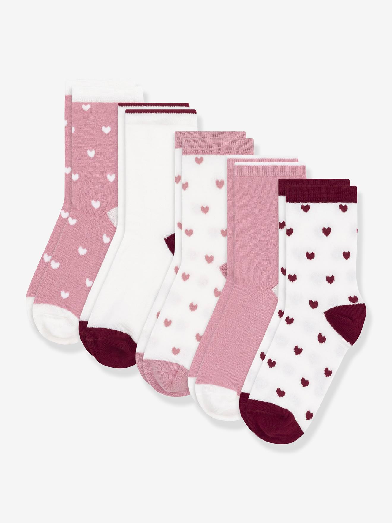 Pack of 5 Pairs of Cotton Socks with Heart Print by PETIT BATEAU rose