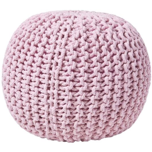 Pastel Pink Round Cotton Knitted Pouffe Footstool - Homescapes
