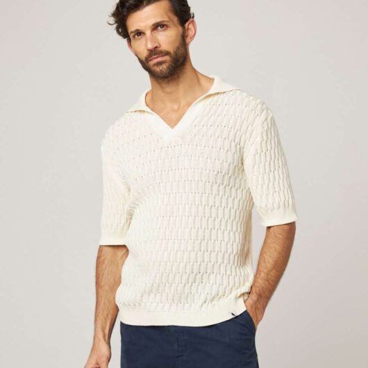 Peregrine Pure Cotton Cable Knitted Polo Shirt White