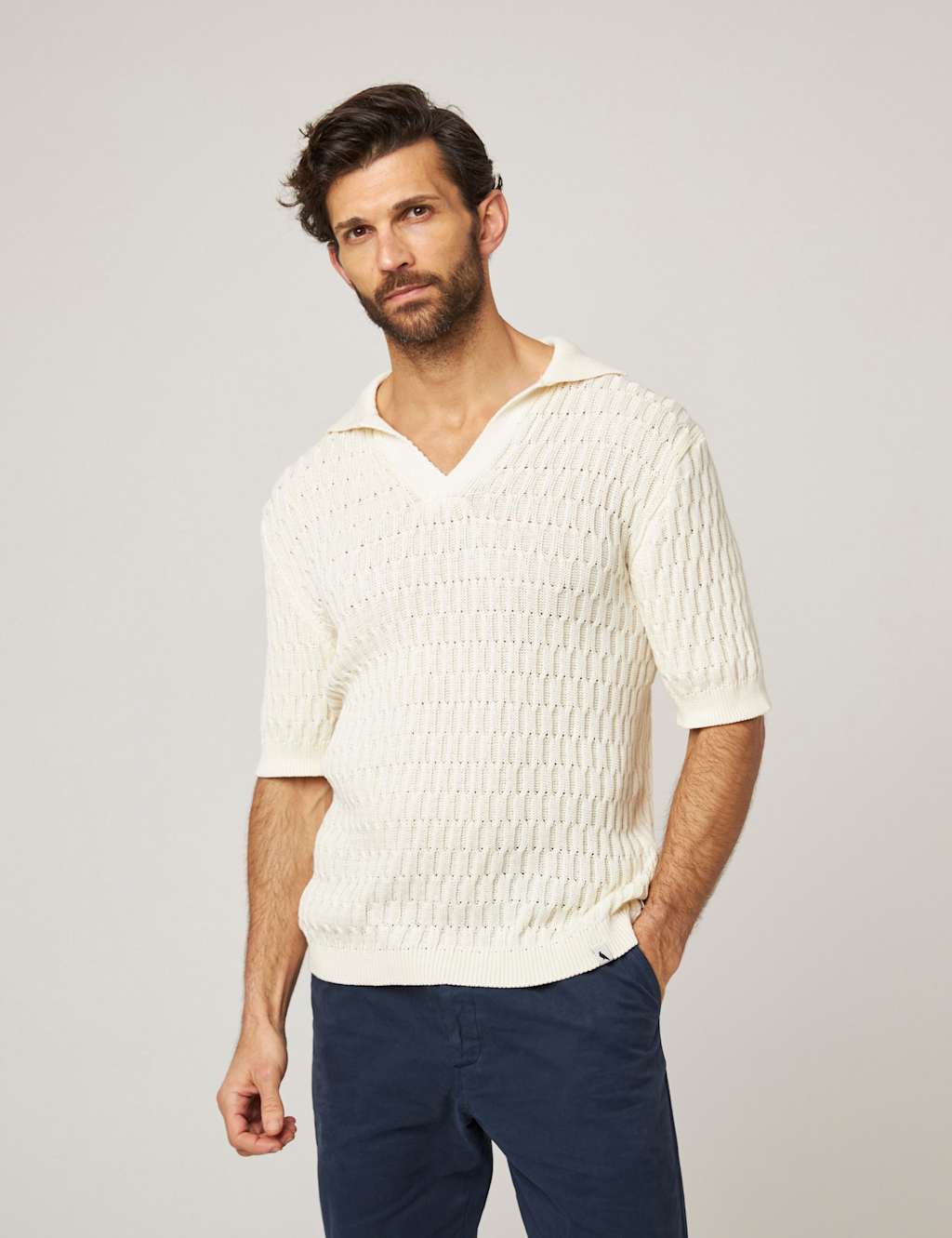 Peregrine Pure Cotton Cable Knitted Polo Shirt White